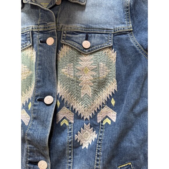LuLaRoe Jean Jacket Size Small Southwest Aztec Boho Embroidered Blue Denim Hippi - Picture 7 of 15